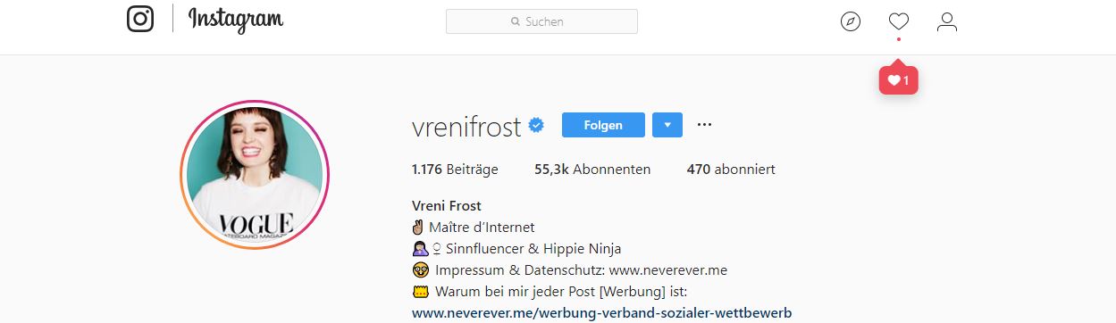 Screenshot Instagram-Profil von vrenifrost