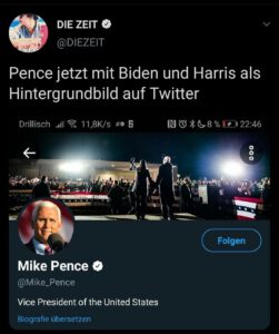 Tweet von "Die Zeit" mit einem Screenshot des Twitter-Profils von Mike Pence