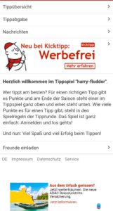 Screenshot der App Kicktipp mit Werbebanner und Hinweis auf Werbefreiheit