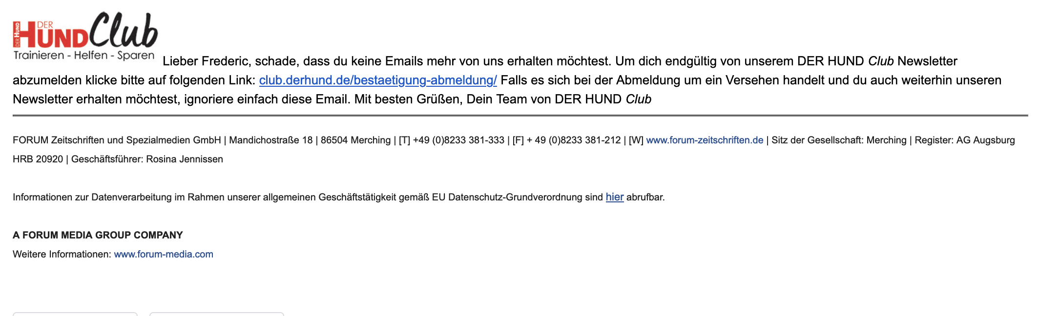 E-Mail von Der Hund, die mich auffordert, die Abmeldung vom Newsletter zu bestätigen